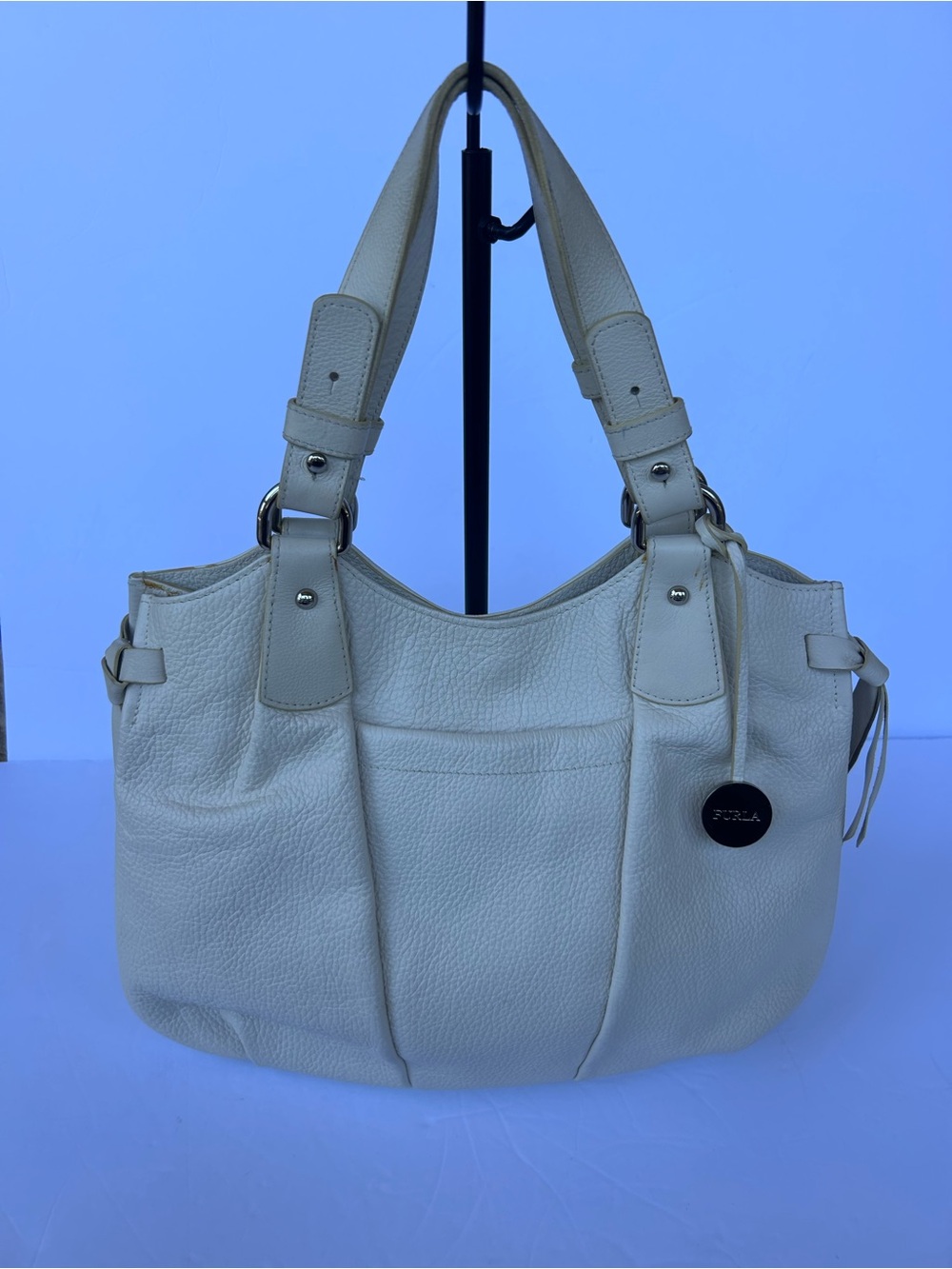 Furla Ivory Pebbled Leather Shoulder Bag Large Tote Purse
